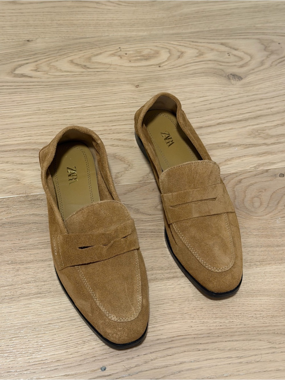 Zara Suede Penny Loafers in Camel Brown